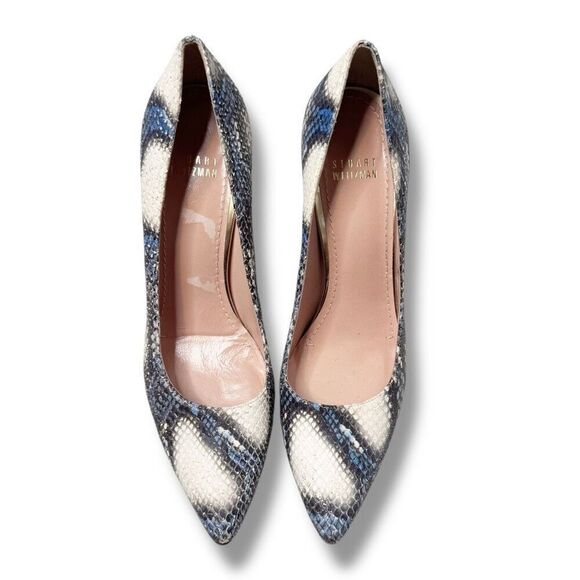Stuart Weitzman Python Stiletto Pumps Women’s Size 8 Textured Blue Cream Snake - Picture 5 of 12